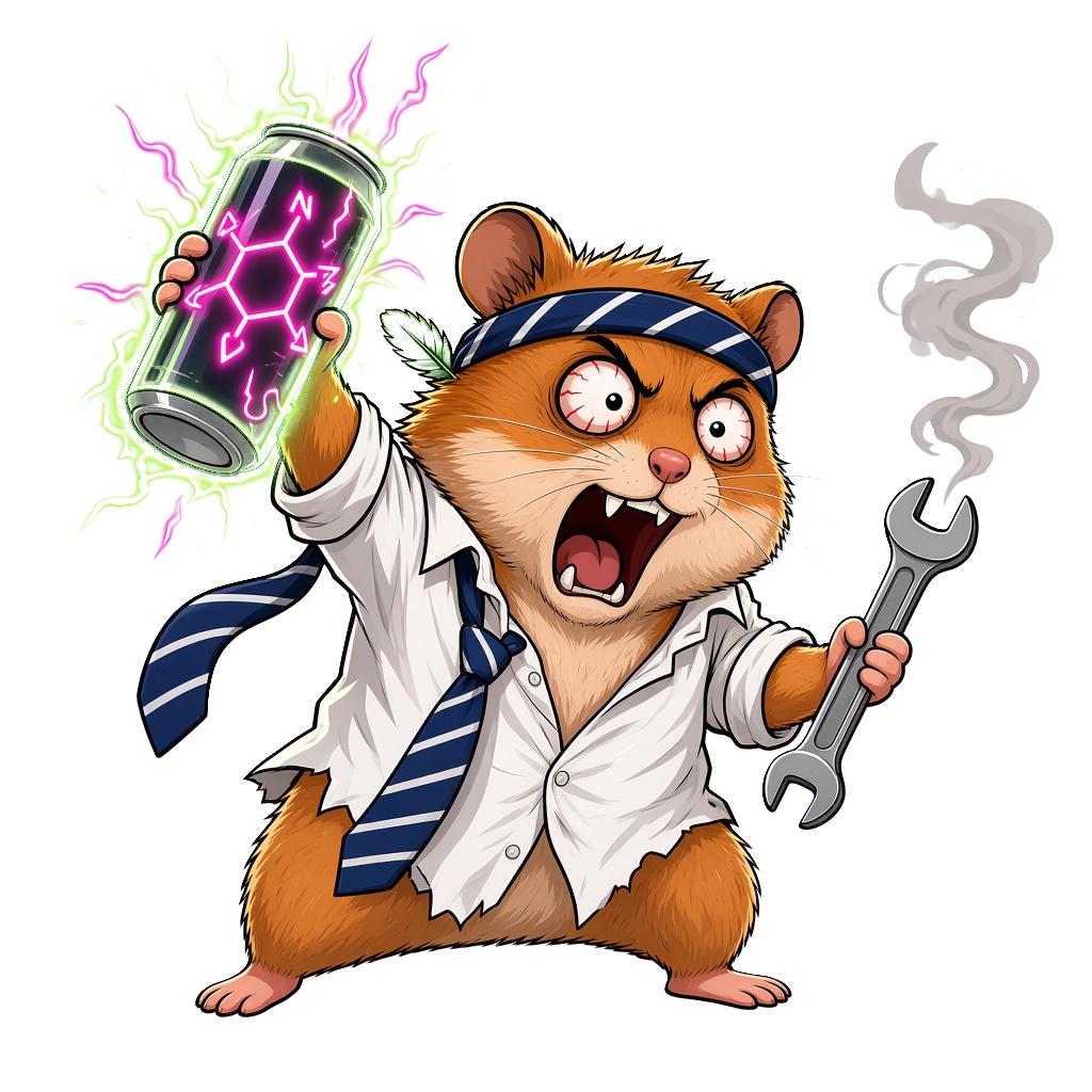 Robin Ham holding a glowing energy drink and a smoking wrench