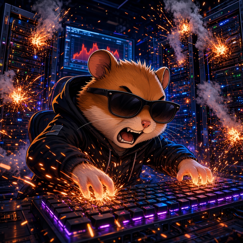 Robin Ham in sunglasses frantically typing on a glowing keyboard amid sparks in a neon server room