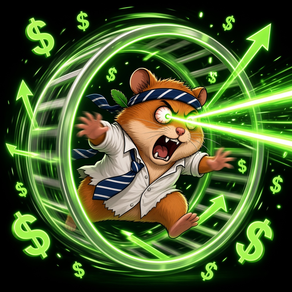 Robin Ham with laser eyes sprinting inside a glowing green money wheel