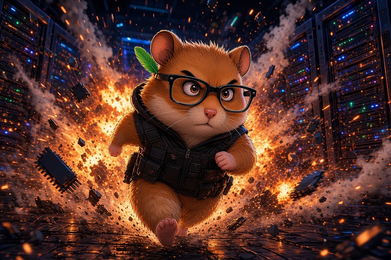 Robin Ham sprinting out of an exploding neon server room